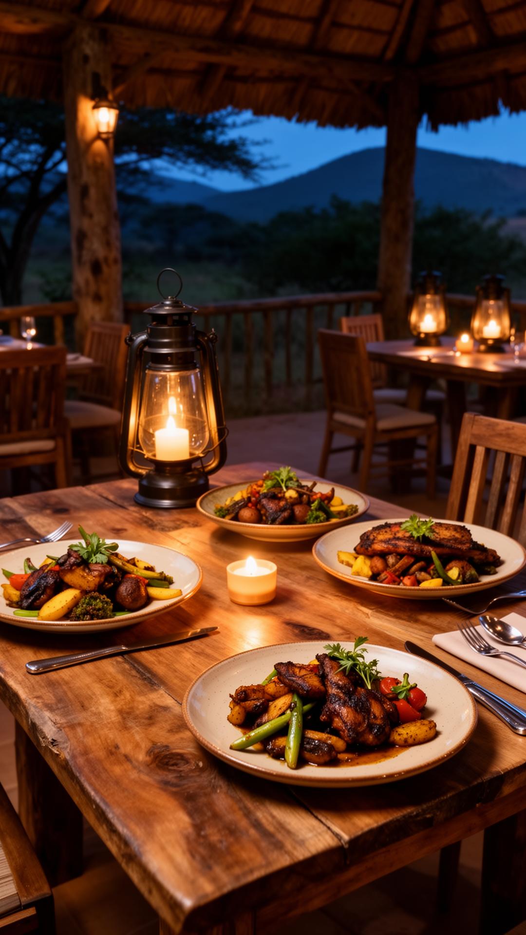 Lantern-lit lodge dining