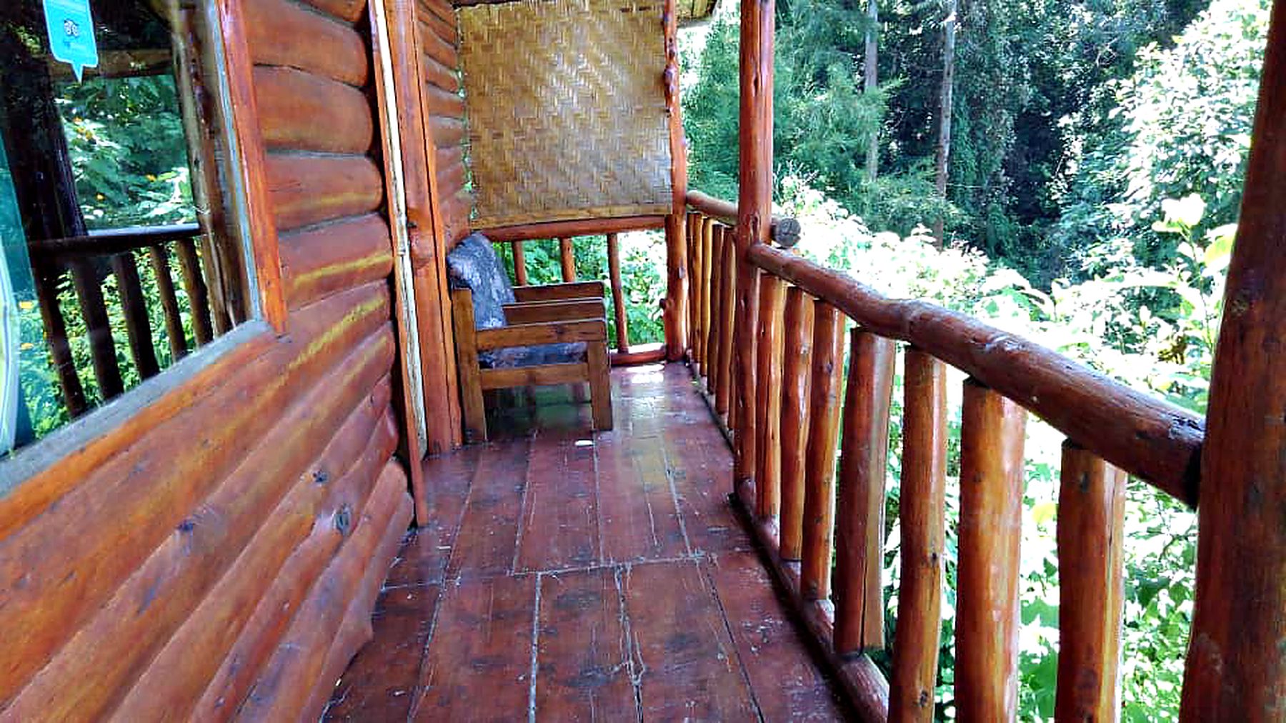 Log-walled balcony running along a forest cabin