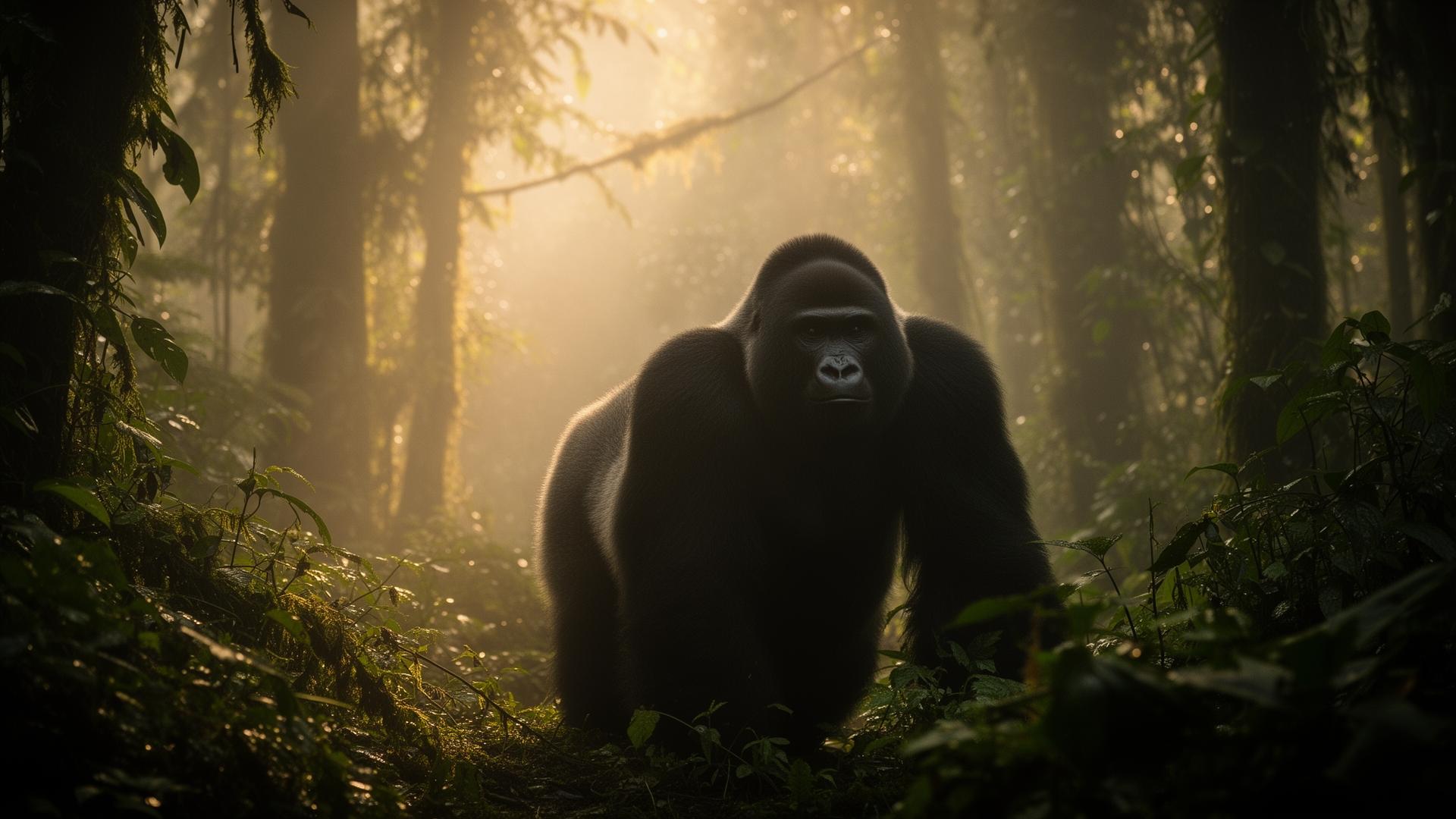 Mountain gorilla in misty Bwindi